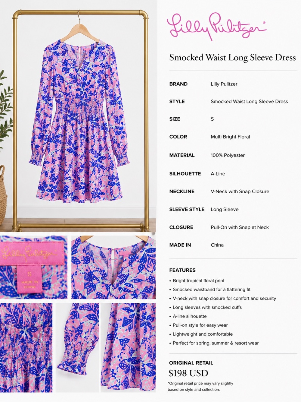 Lilly Pulitzer Pink and Blue Floral Smocked-Waist Long Sleeve Dress